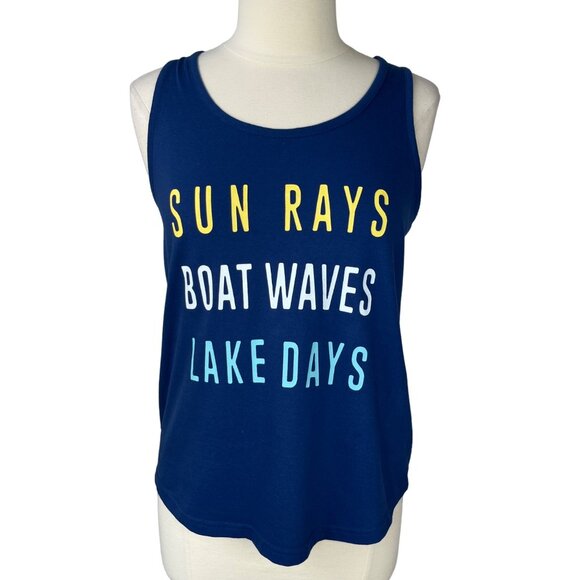 Natural Reflections Tank Top Womens Medium Blue Sun Rays Boat Waves Lake Days - Picture 1 of 8